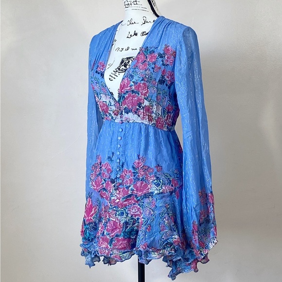 HEMANT & NANDITA Metallic Stripe Floral Minidress size M - Picture 7 of 14